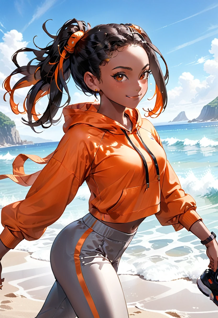 ( black woman, dreadlocks, kickboxer jogging, headphones, beautiful african-caribbean features,  pale orange hoodie,  gray yoga pants, sneakers),  (Impossible beauty, screencap, Score_8_up, thickline art, hyper-detail art,  anime coloring, best quality, hyper-hdr, 8k uhd,  hyper absurdres, very aesthetic,  side view),((very dark skin, voluptuous, curvy, strong, shortstack, black hair, soft face, small wide nose, firm medium breast, curvy hips,  wide hips, red and brown heterochromia eyes))), (Hyper-stylistic, sharp gradients, deep highlights, hyper exposure, hyper-detailed Beach front background, hyper-detailed smooth textures), hyper emotional, ((perfect hands,  hyper perfect , perfect eyes, perfect anatomy, perfect  physiques, amazing skin, hyper-detailed eyes,  hyper-detailed features)), (salaciously smiling, dynamism,   dynamic lighting, dynamic shading, sensual shadowing,  sensual atmosphere)