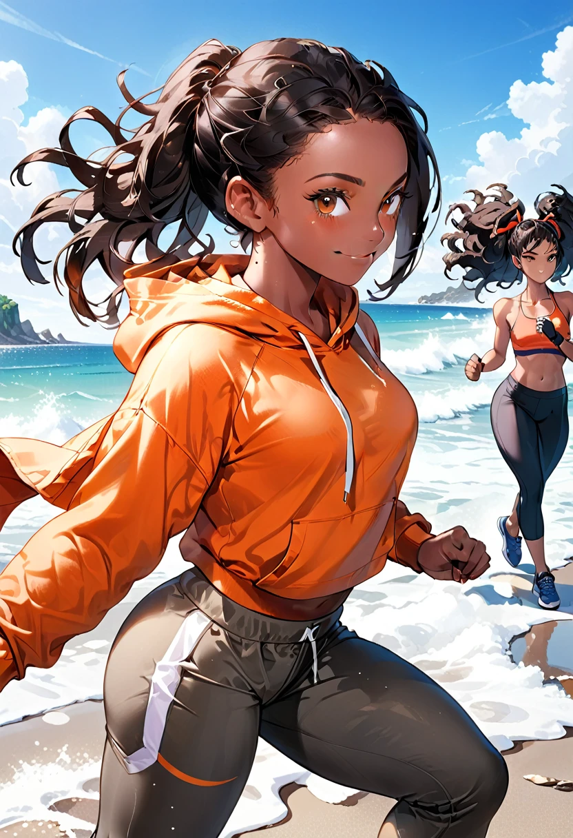 ( black woman, dreadlocks, kickboxer jogging, headphones, beautiful african-caribbean features,  pale orange hoodie,  gray yoga pants, sneakers),  (Impossible beauty, screencap, Score_8_up, thickline art, hyper-detail art,  anime coloring, best quality, hyper-hdr, 8k uhd,  hyper absurdres, very aesthetic,  side view),((very dark skin, voluptuous, curvy, strong, shortstack, black hair, soft face, small wide nose, firm medium breast, curvy hips,  wide hips, red and brown heterochromia eyes))), (Hyper-stylistic, sharp gradients, deep highlights, hyper exposure, hyper-detailed Beach front background, hyper-detailed smooth textures), hyper emotional, ((perfect hands,  hyper perfect , perfect eyes, perfect anatomy, perfect  physiques, amazing skin, hyper-detailed eyes,  hyper-detailed features)), (salaciously smiling, dynamism,   dynamic lighting, dynamic shading, sensual shadowing,  sensual atmosphere)