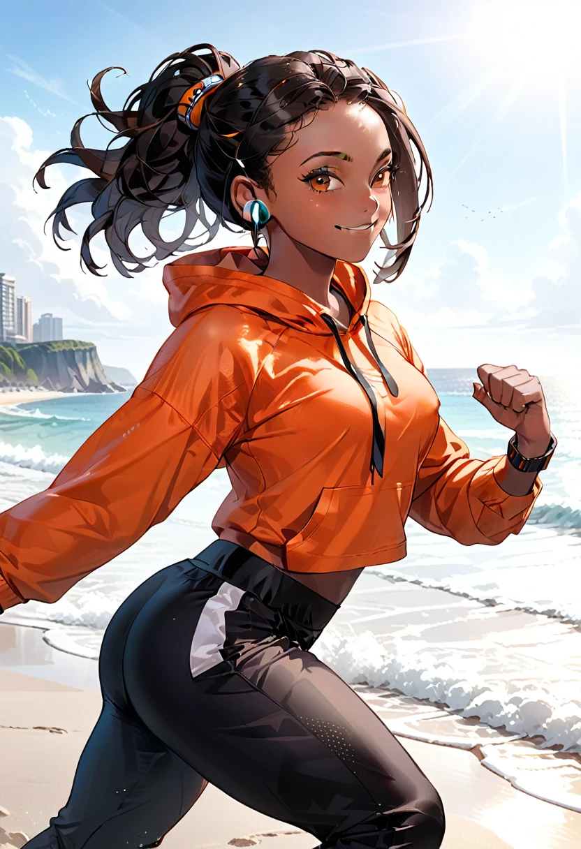 ( black woman, dreadlocks, kickboxer jogging, headphones, beautiful african-caribbean features,  pale orange hoodie,  gray yoga pants, sneakers),  (Impossible beauty, screencap, Score_8_up, thickline art, hyper-detail art,  anime coloring, best quality, hyper-hdr, 8k uhd,  hyper absurdres, very aesthetic,  side view),((very dark skin, voluptuous, curvy, strong, shortstack, black hair, soft face, small wide nose, firm medium breast, curvy hips,  wide hips, red and brown heterochromia eyes))), (Hyper-stylistic, sharp gradients, deep highlights, hyper exposure, hyper-detailed Beach front background, hyper-detailed smooth textures), hyper emotional, ((perfect hands,  hyper perfect , perfect eyes, perfect anatomy, perfect  physiques, amazing skin, hyper-detailed eyes,  hyper-detailed features)), (salaciously smiling, dynamism,   dynamic lighting, dynamic shading, sensual shadowing,  sensual atmosphere)