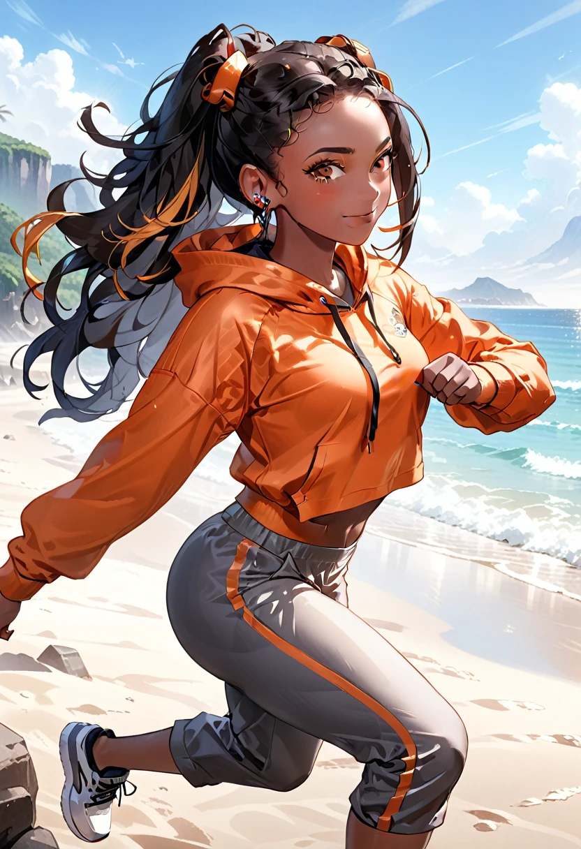 ( black woman, dreadlocks, kickboxer jogging, headphones, beautiful african-caribbean features,  pale orange hoodie,  gray yoga pants, sneakers),  (Impossible beauty, screencap, Score_8_up, thickline art, hyper-detail art,  anime coloring, best quality, hyper-hdr, 8k uhd,  hyper absurdres, very aesthetic,  side view),((very dark skin, voluptuous, curvy, strong, shortstack, black hair, soft face, small wide nose, firm medium breast, curvy hips,  wide hips, red and brown heterochromia eyes))), (Hyper-stylistic, sharp gradients, deep highlights, hyper exposure, hyper-detailed Beach front background, hyper-detailed smooth textures), hyper emotional, ((perfect hands,  hyper perfect , perfect eyes, perfect anatomy, perfect  physiques, amazing skin, hyper-detailed eyes,  hyper-detailed features)), (salaciously smiling, dynamism,   dynamic lighting, dynamic shading, sensual shadowing,  sensual atmosphere)