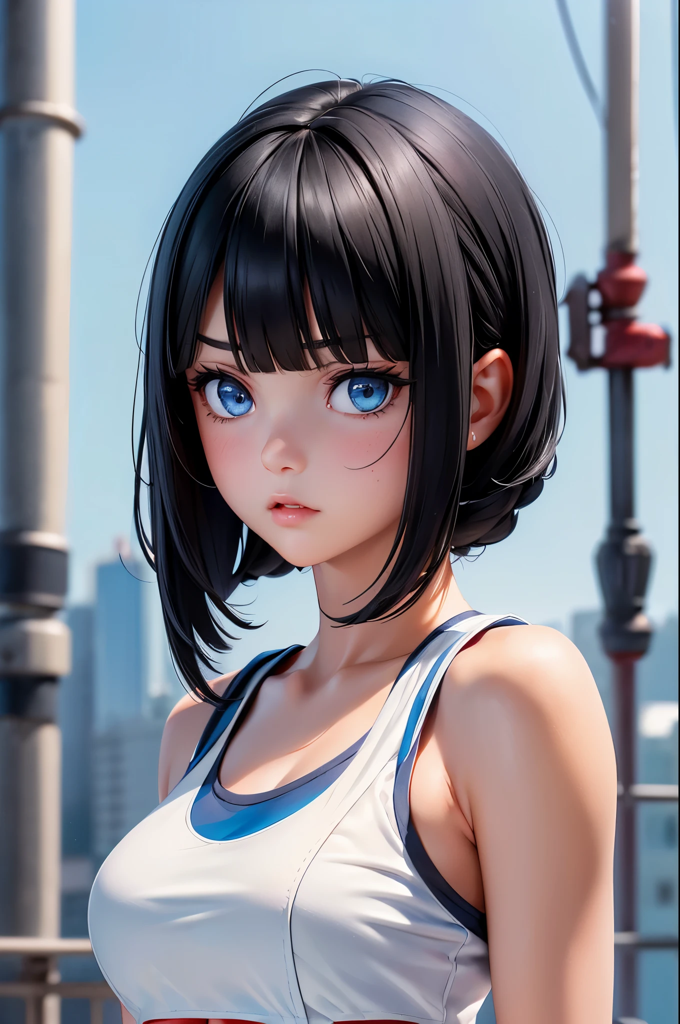 1 Female, black hair, blue eyes, Beautiful, (((The bangs are very even))), ((Looks impatient)), (Red cheeks, expression of contempt), White crop vest top, good style, symmetrical clothes, (Facing forward), (beautiful face), (((Upper body portrait))),