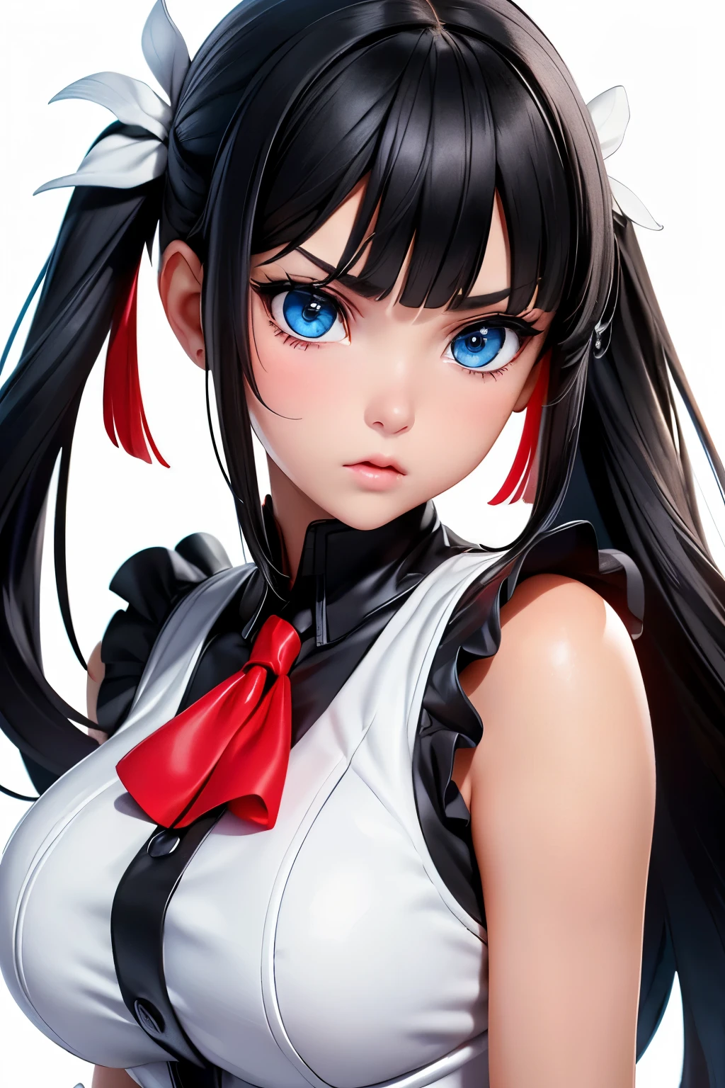 1 Female,black hair, ((Looks impatient)), Beautiful, White sexy vest, good style, symmetrical clothes, (Facing forward), (Red cheeks, expression of contempt), (beautiful face), (((Upper body portrait))), blue eyes, (((The bangs are very even))),