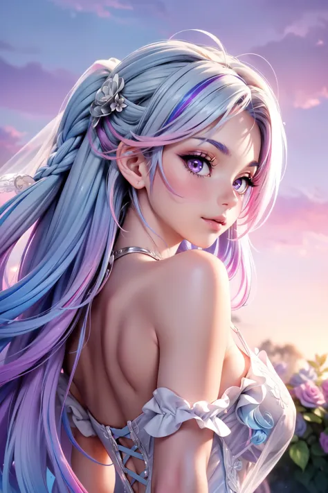 (masterpiece, best quality, beautiful and aesthetic:1.3), look back, side view, 1girl, solo, light smile,  (Silver blue hair str...