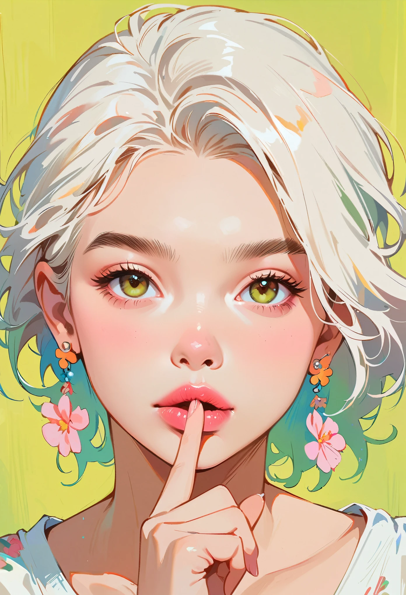 (masterpiece, best quality:1.2), 1 girl, solitary，Anime style，White hair, lips pink、Girl with light floral earrings puts her finger to her mouth，In the style of a top portrait painter, Yellow-green background.