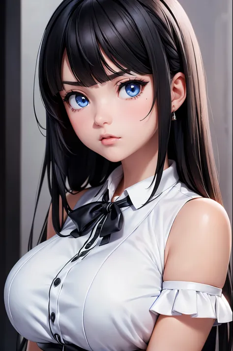 1 female,black hair, ((looks impatient)), beautiful, white sexy vest, good style, symmetrical clothes, (facing forward), (red ch...