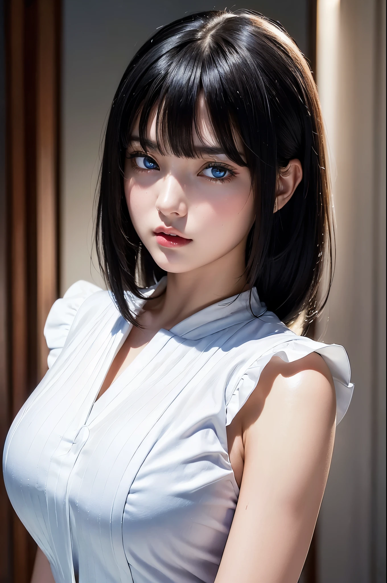 1 Female,black hair, ((Looks impatient)), Beautiful, White sexy vest, good style, symmetrical clothes, (Facing forward), (Red cheeks, expression of contempt), (beautiful face), (((Upper body portrait))), blue eyes, (((The bangs are very even))),