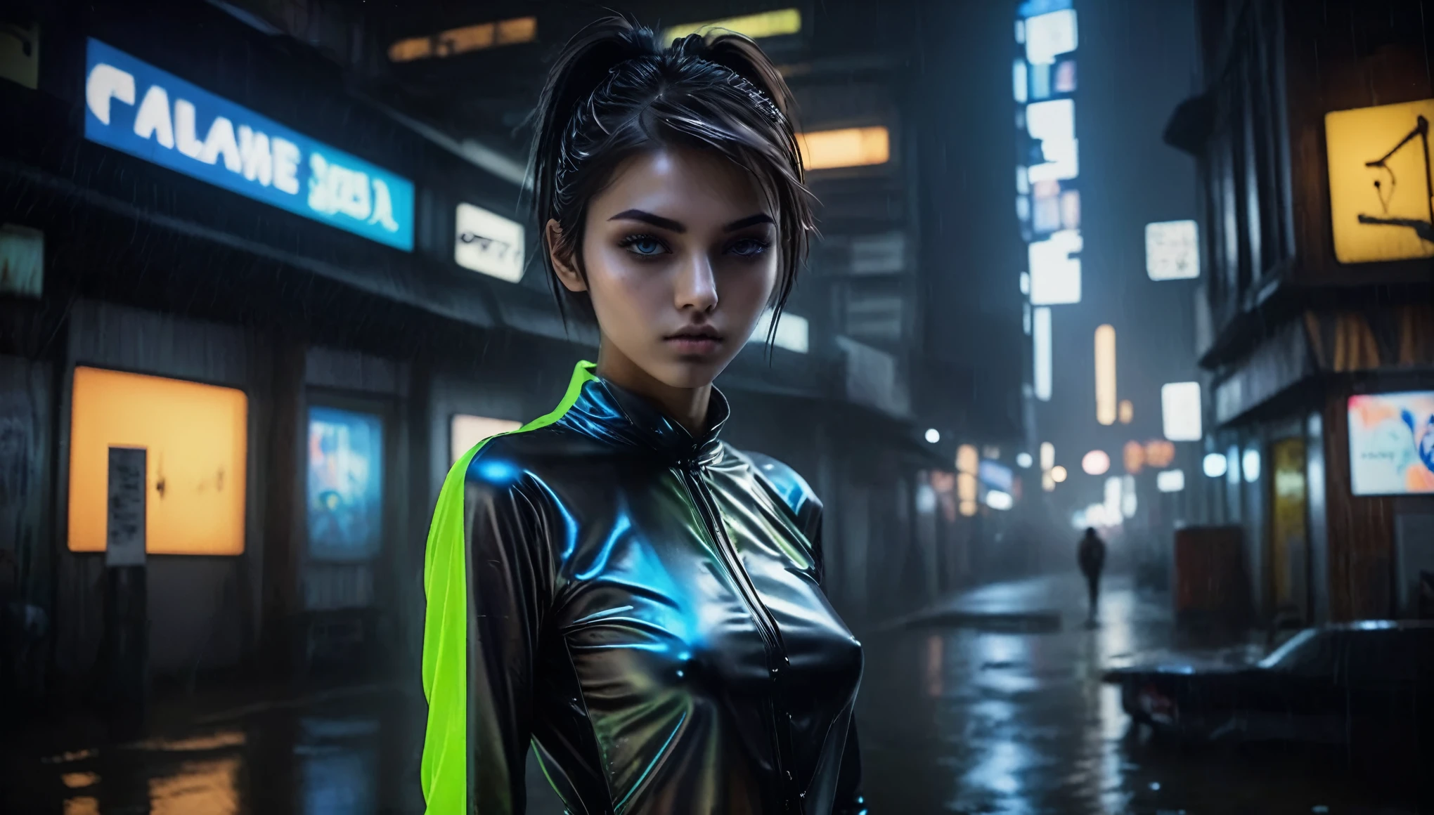 Top Quality, Masterpiece, High Resolution, 8k, full body shot, wide view, (((skinny girl in a wide opened oversize polyester blouse and wetlook leggings, wide neckline, deep neckline, beautiful detailed eyes, small closed mouth, extremely detailed face, long pixie asymmetrical hair style, small hips, at night, dim lighting, look behind, cyberpunk, tatoo, neon))) 