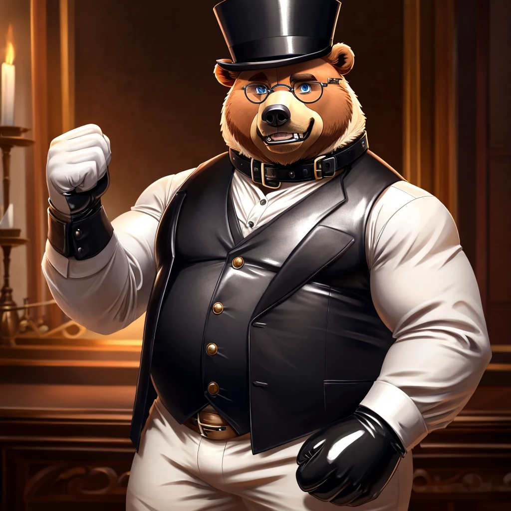 Solo, Male, fat, extremely obese, gentleman, dapper Professor Beartic, blue eyes, (posing:1.3), (soft shading), 4k, hi res, ((detailed face, detailed)), looking at viewer, mouth wide open, steampunk, collared shirt with buttons, top hat, male focus, Explorer Outfit, glasses, monocle, vest with buttons, sleeves rolled up, round eyewear, brown headwear, brown vest, Beartic is wearing a glossy leather dog collar around the neck, Beartic is wearing the leather collar and shirt and vest at the same time, Beartic is wearing glossy white rubber gloves on the hands, wearing white rubber gloves on the feet, gloves are rubber in texture, clenching teeth, clenching fists, leather collar is glossy and shiny with a lot of detail, Beartic is wearing gloves and leather collar at the same time, leather collar has a round dog-tag, leather collar is thick and detailed, leather collar is glossy and shiny, fancy clothing, dapper vest, dapper shirt, leather collar is thick, glossy leather collar.