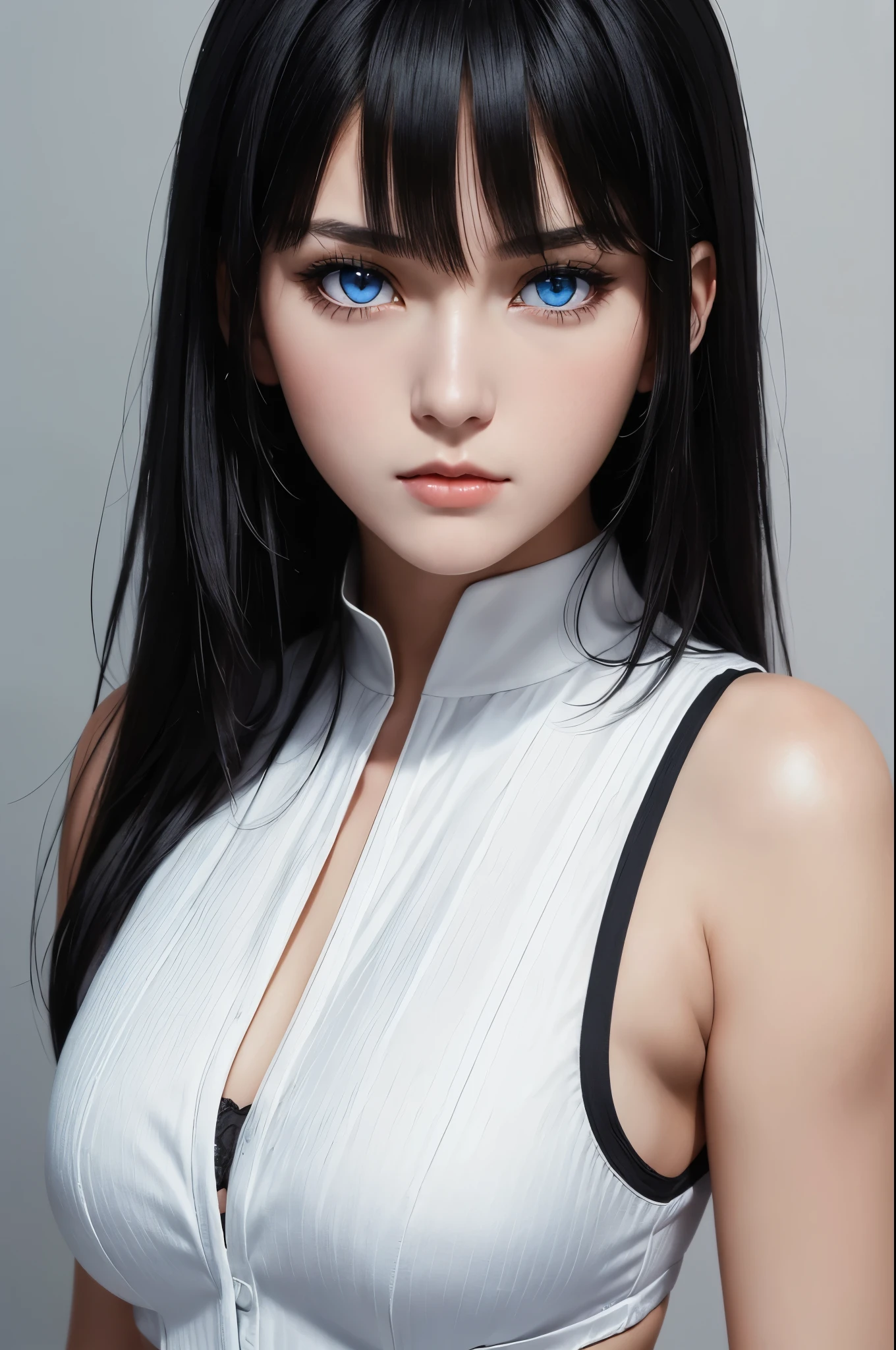 1 Female,black hair, ((Looks impatient)), Beautiful, White thin vest, good style, symmetrical clothes, (Facing forward), (Red cheeks, expression of contempt), (beautiful face), (((Upper body portrait))), blue eyes, (((The bangs are very even))), ((Sexy)),  underwear 