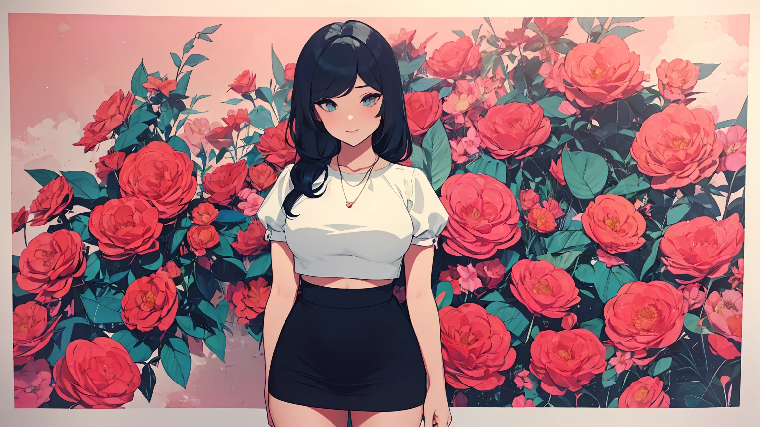 (masterpiece, best quality), beautiful woman, soft light, crop-top with floral pattern, short skirt, cleveage, wavy hair, ponytail, asymmetrical bangs, perfect face, beautiful face, alluring, big gorgeous eyes, soft smile, perfect slim fit body, outdoors, standing, abstract background, bright colors, (risograph), full body shot, fullbody, medium breasts, solo, cleveage, sexy