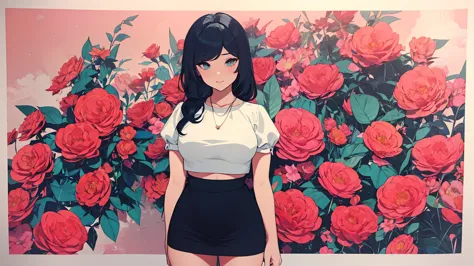 (masterpiece, best quality), beautiful woman, soft light, crop-top with floral pattern, short skirt, cleveage, wavy hair, ponyta...