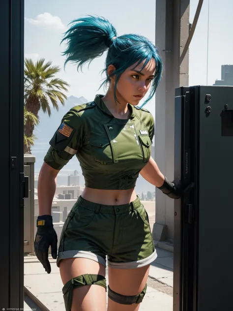 30-year-old woman, alone, athletic, blue hair tied in a ponytail, wears green military shorts, wears a green military top, wears...