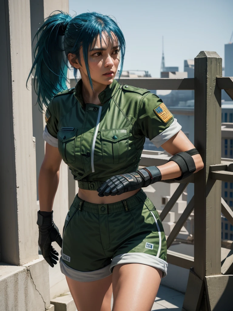 30-year-old woman, alone, athletic, blue hair tied in a ponytail, wears green military shorts, wears a green military top, wears dark gloves, has military boots, high resolution, perfect image, very detailed, high contrast, colors digital, simple, medium shot, cinematic, ultra-sharp focus, award-winning photography, perfect contrast, high sharpness, depth of field, ultra-detailed photography. global illumination, fluid, ultra high definition, 8k, Unreal Engine 5, ultra sharp focus, award-winning photography, Art Season Trends,
