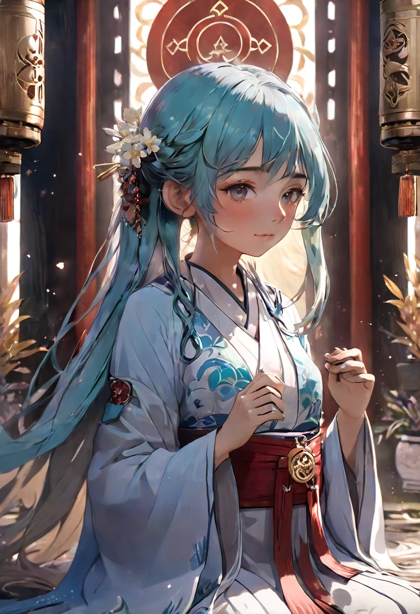 (1girl:1.3),solo,__body-parts__,, official art, unity 8k wallpaper, ultra detailed, beautiful and aesthetic, beautiful, masterpiece, best quality,Fantastical Atmosphere, Calming Palette, Tranquil Mood, Soft Shading,, Miko priestess, charm spell, talisman familiar, shrine maiden duties, blow job