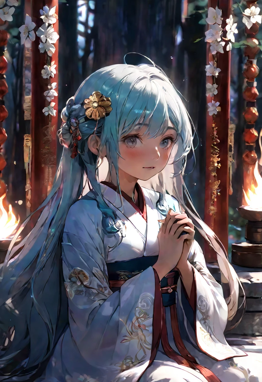 (1girl:1.3),solo,__body-parts__,, official art, unity 8k wallpaper, ultra detailed, beautiful and aesthetic, beautiful, masterpiece, best quality,Fantastical Atmosphere, Calming Palette, Tranquil Mood, Soft Shading,, Miko priestess, charm spell, talisman familiar, shrine maiden duties, blow job