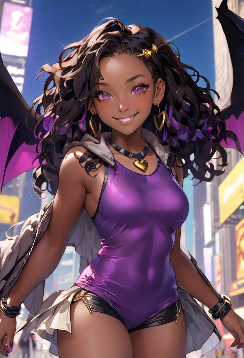 Bengus, falcoon, {black woman with dreadlocks as lilica felchenerow (arcana heart), skates, gold sleeveless parka, purple tube top, purple spandex shorts,  purple collar, bat wings}, {{Score_8_up,  hyper-detail, anime coloring, 4k }}}},  {{{{{hyper-detailed art, best quality, Hdr, hyper-hd,  hyper absurdres, very aesthetic, sharp gradients, deep highlights, deep exposure, hyper city background, detailed smooth textures}}}}},{{{{{{{ beautiful woman, african-caribbean features, very dark skin, voluptuous, curvy, strong, shortstack, black hair, soft face, small wide nose, [big breast], curvy hips, red and brown heterochromia eyes}}}}}}, Playful posing, playful flirt, hyper emotional,  {{{{{perfect hands,  hyper perfect , perfect eyes, perfect anatomy, perfect  physiques, amazing skin, hyper detailed eyes,  hyper detailed character features,  round hips,  wide hips, firm chest}}}}}, {{{salaciously smiling, dynamism,   dynamic lighting, dynamic shading, sensual shadowing,  sensual atmosphere}}}