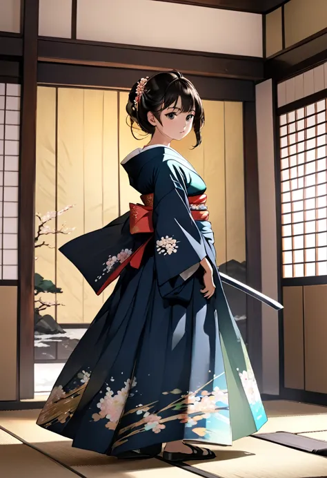 (8k, best quality, masterpiece, hyper high definition: 1.2),kimono,japanese room,hakama,fullbody, sword