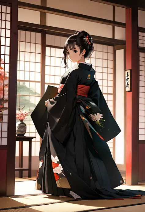 (8k, best quality, masterpiece, hyper high definition: 1.2),kimono,japanese room,hakama,fullbody, sword