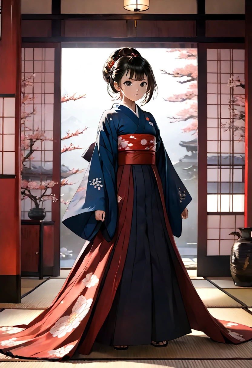 (8K, Best Quality, Masterpiece, hyper High Definition: 1.2),kimono,Japanese room,hakama,fullbody, sword