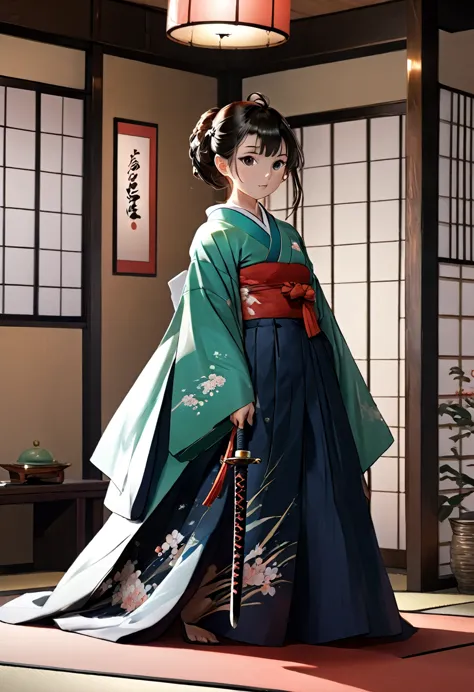 (8k, best quality, masterpiece, hyper high definition: 1.2),kimono,japanese room,hakama,fullbody, sword