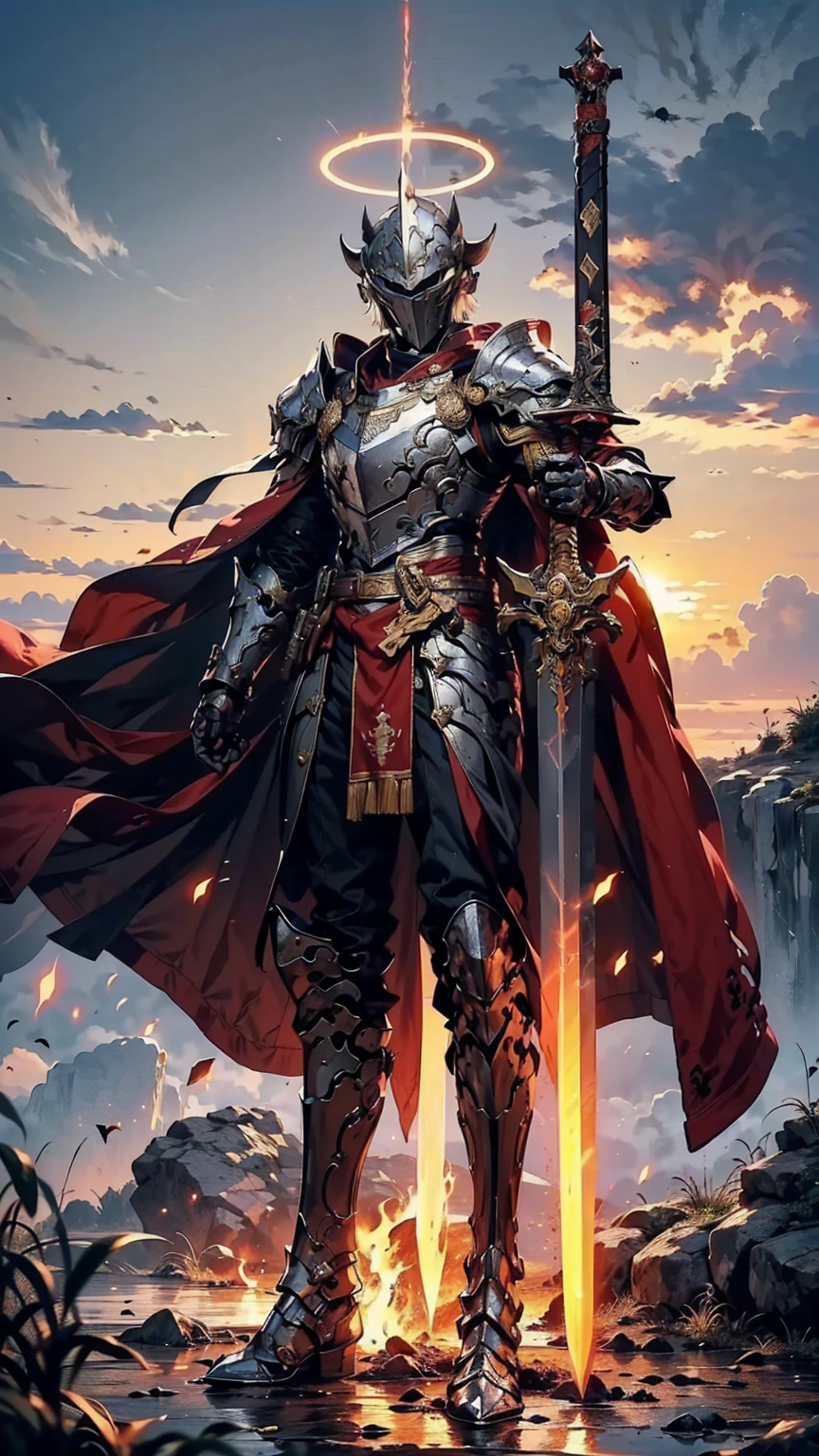 8K quality,(super masterpiece:1.3),Highest quality,Detailed Images,1 male,knight,pocket(Two cow horns,Red Tosaka),(Silver Full Armor,Blue decorated armor),(Wear a red cloak,Red Cape),(One sword,Hold the hilt of the sword with your left hand),(background:Burning image,sunset,幻想的なsunset,The End,The end of the world,grassland,Takayama,Halo effects),(Whole body image,Standing with your legs apart),(Face directly towards the camera,Looking directly at the viewer,looking at the camera,The body faces the viewer,The body is facing the direction of the camera,Face looking straight into the camera).