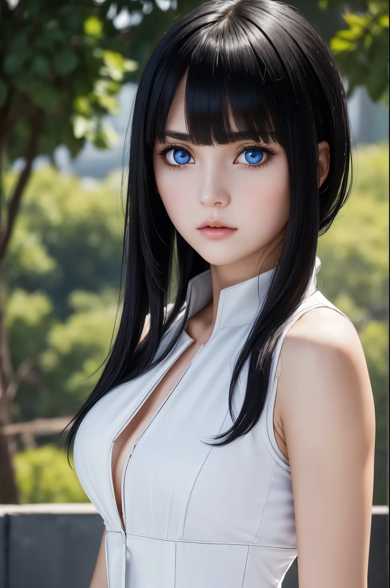 1 Female,black hair, ((Looks impatient)), Beautiful, White thin vest, good style, symmetrical clothes, (Facing forward), (Red cheeks, expression of contempt), (beautiful face), (((Upper body portrait))), blue eyes, (((The bangs are very even))), ((transparent)), Sexy