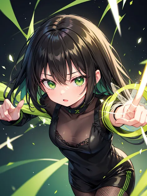 Black hair, long, green mesh, green eyes, energetic