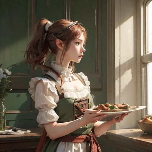 A masterpiece, realistic, Realism, photoRealism, high contrast, In full light, photorealistic digital art trending on Artstation 8k HD high definition be familiar with realistic, 1 girl, (alone:1.5), young and beautiful elf, very small perky chest, ((green eyes)), Auburn red hair, long tight white dress, white knee high socks, (No headgear:1.5), parted lips, artgerm、Ruan Jia、Art by greg rutkowski Hyperrealistic Paintings, be familiar with, skin texture, hyper-be familiar with, realistic skin texture, Side view, wearing a dirndl Oktoberfest outfit, forest, clear water, head down, holding a tray of food in a dining hall