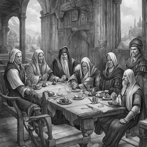 four men sitting in a medieval inn, white and black, pencil draw, sketch, style of anne stokes, by anne stokes, white cloak, tre...