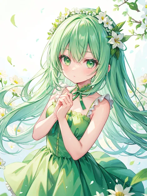 Light green hair, green eyes, long, flower crown, flowers