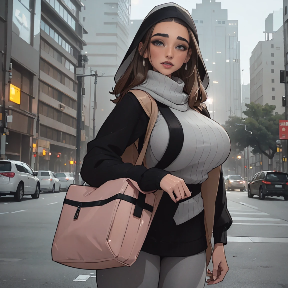 Extremely busty thin and toned brunette photographer, college girl, fair skin, loose side sweep, soft face, athletic, pink bandana babushka headwrap, long oversized tight grey long-sleeve (pullover) top dress, (black leggings). standing in front of her apartment building, outdoors, city, camera bag, 