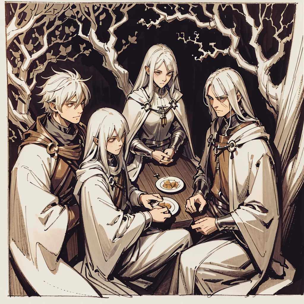 Four men sitting in a medieval inn, white and black, pencil draw, sketch, style of Anne Stokes, by Anne Stokes, white cloak, trees on background, no pupils, angry, white hair, high detail, from above, panorama, anatomically correct, super detail, high quality, best quality, highres, 4K