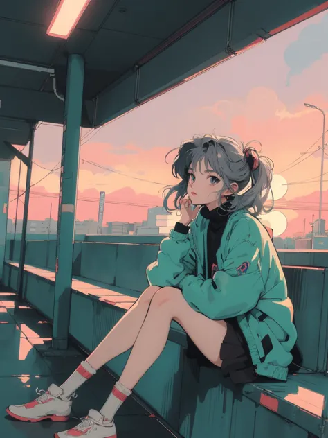 anime girl sitting on floor looking out window at city, anime aesthetic, anime vibes, lofi artstyle, low-fi portrait by the wall...