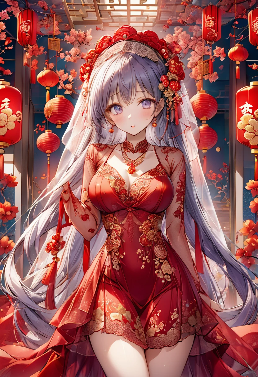 very long hair,（（（Eyes are very delicate）））（（（hair accessories）））（（（veil）））,necklace,Misako wears a red transparent sexy silk dress, ((skin glowing))The room is filled with Chinese New Year decorations（（（masterpiece）））, （（best quality））, （（intricate details））, （（Surreal））（8k）