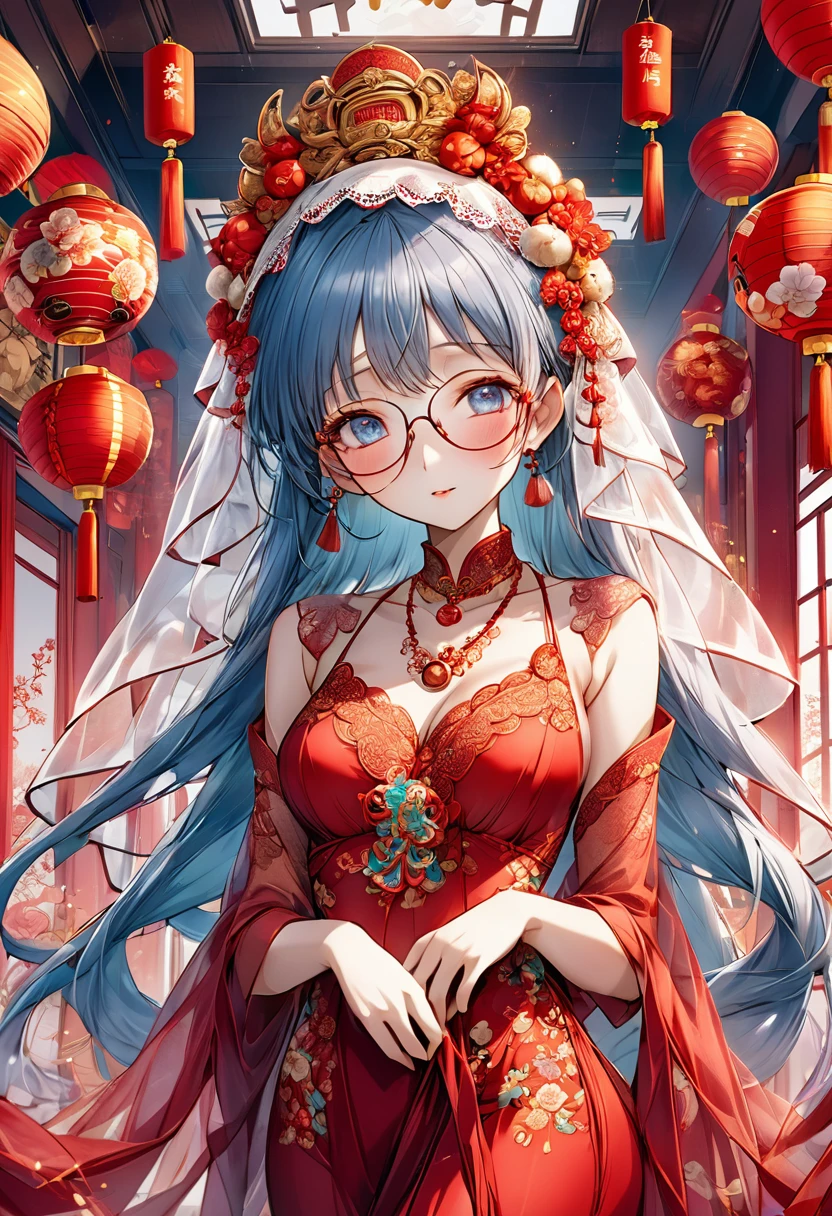 very long hair,（（（Eyes are very delicate）））（（（hair accessories）））（（（Veil）））,necklace,Misako wears a red transparent sexy silk dress, ((skin glowing))The room is filled with Chinese New Year decorations（（（masterpiece）））, （（best quality））, （（intricate details））, （（surreal））（8K）Glasses