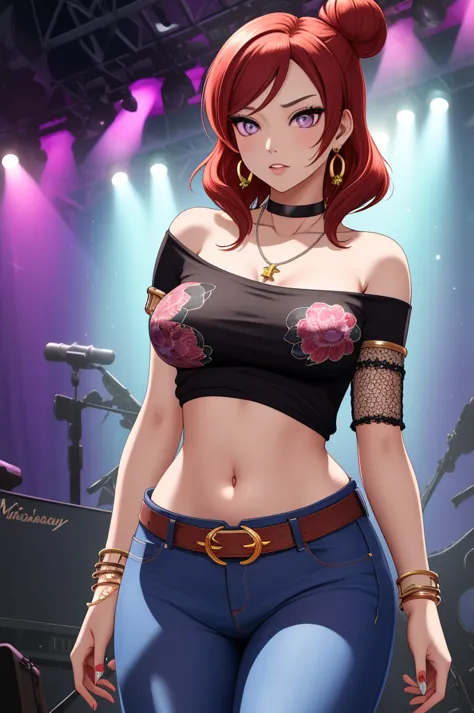 (masterpiece), (best quality), nishikino maki, purple eyes, hair bun, perfect lighting, stylish, single bare shoulder shirt long...