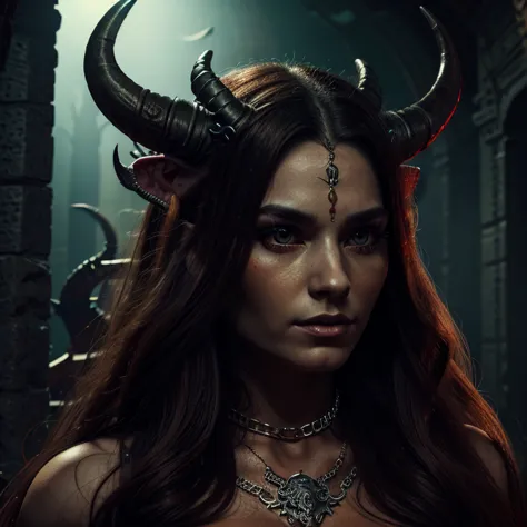1 Demon woman with horns,  long hair, ultra detailed face and eyes, hyperrealistic, realistic representation, 30 years old, danc...