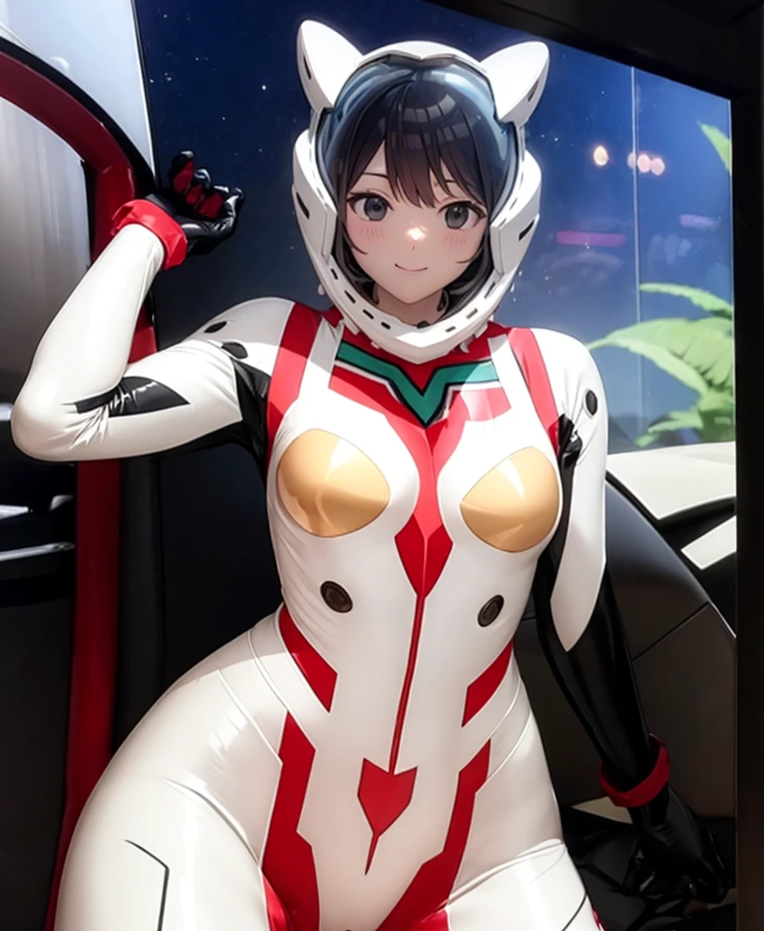 (baburuherumetto,Browsing Caution,masterpiece,Highest quality,, masterpiece, Highest quality,, , ,, Very slim, girl, sex Eva Helmet, Spacesuit , astronaut), Very short hair, Black Hair, baburuherumetto, Anime Style, Cinematic Light, Medium chest,Bodysuits, Plug Suit, 紺色Bodysuits, Space Helmet , Eva Helm, smile,cute