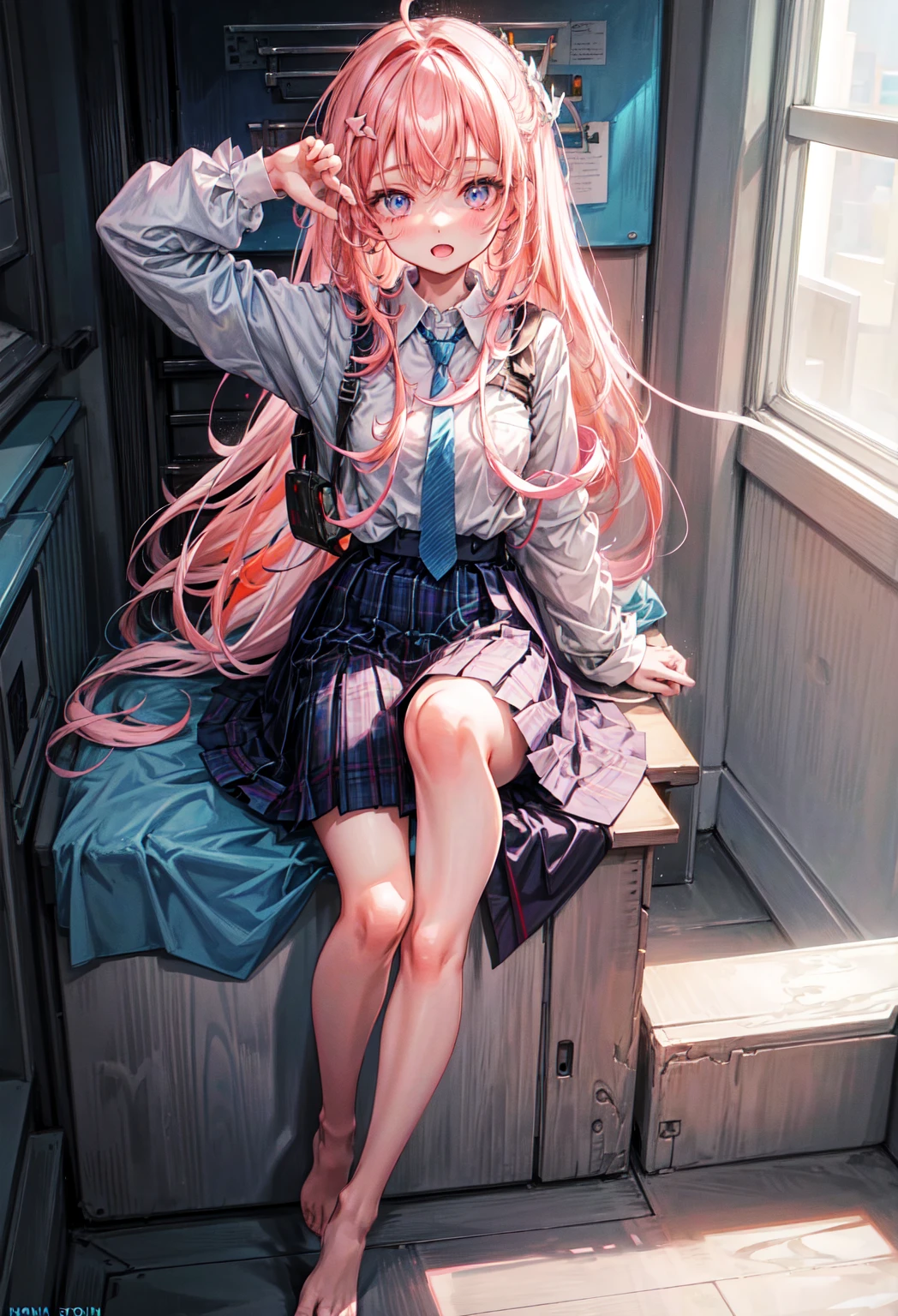 One girl, Hoshino (Blue Archive), alone, Heterochromia iridis, Pink Hair, skirt, Long Hair, tie, Ahoge, shirt, Hello, Plaid skirt, blue eyes, Plaid,  View your viewers, white shirt, Sitting, Orange eyes, chest Harness, Harness, Long sleeve, ID card, Open your mouth, very Long Hair, collared shirt, smile, blue tie, bangs, The legs are off the frame, Between the legs, hand Between the legs, blush, Hair between the eyes, High resolution,masterpiece, Highest quality