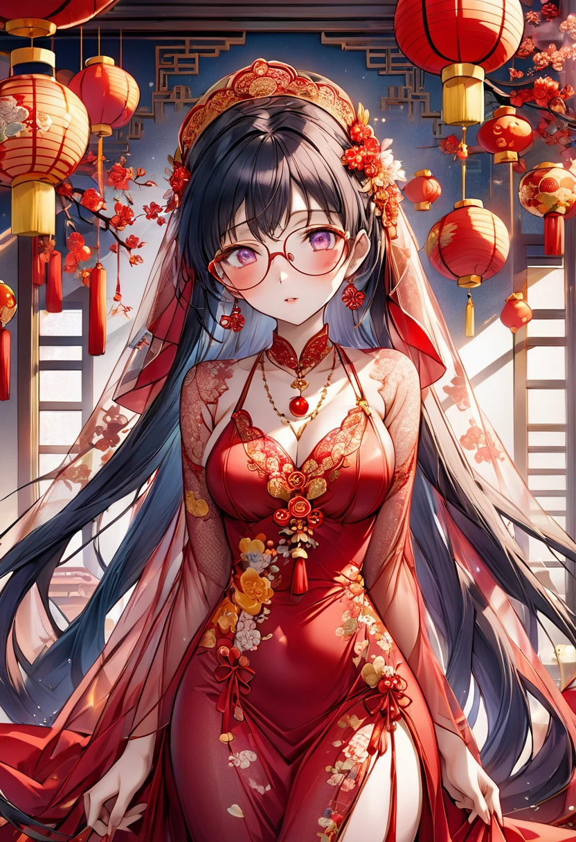 very long hair,（（（Eyes are very delicate）））（（（hair accessories）））（（（Veil）））,necklace,Misako wears a red transparent sexy silk dress, ((skin glowing))The room is filled with Chinese New Year decorations（（（masterpiece）））, （（best quality））, （（intricate details））, （（surreal））（8K）Glasses