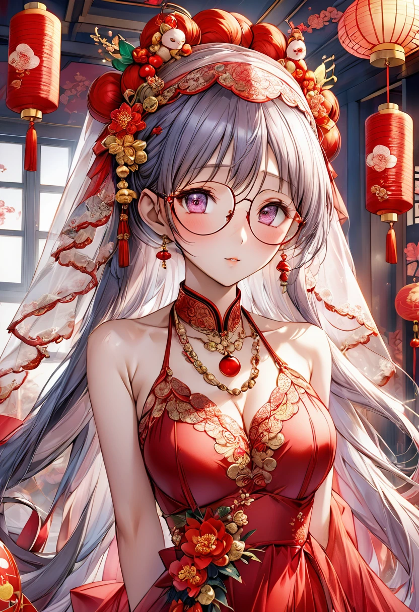 very long hair,（（（Eyes are very delicate）））（（（hair accessories）））（（（Veil）））,necklace,Misako wears a red transparent sexy silk dress, ((skin glowing))The room is filled with Chinese New Year decorations（（（masterpiece）））, （（best quality））, （（intricate details））, （（surreal））（8K）Glasses