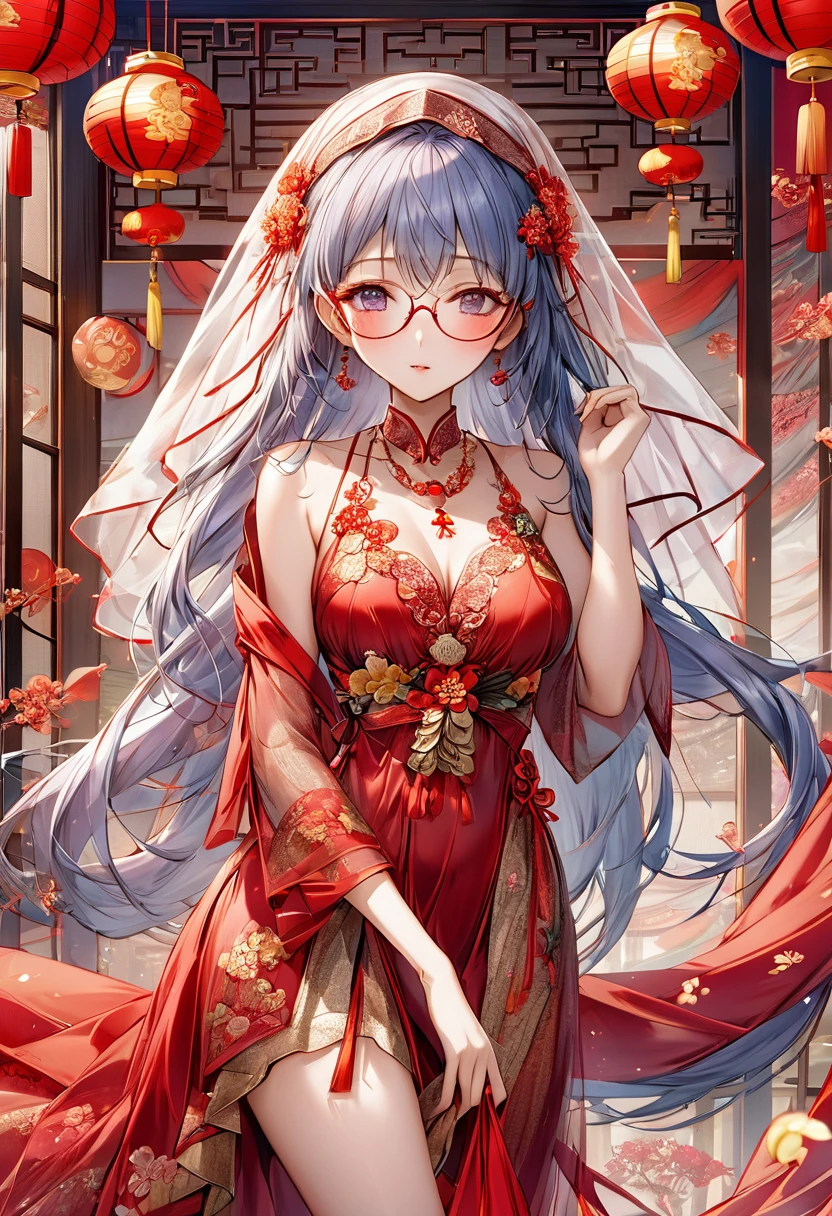 very long hair,（（（Eyes are very delicate）））（（（hair accessories）））（（（Veil）））,necklace,Misako wears a red transparent sexy silk dress, ((skin glowing))The room is filled with Chinese New Year decorations（（（masterpiece）））, （（best quality））, （（intricate details））, （（surreal））（8K）Glasses