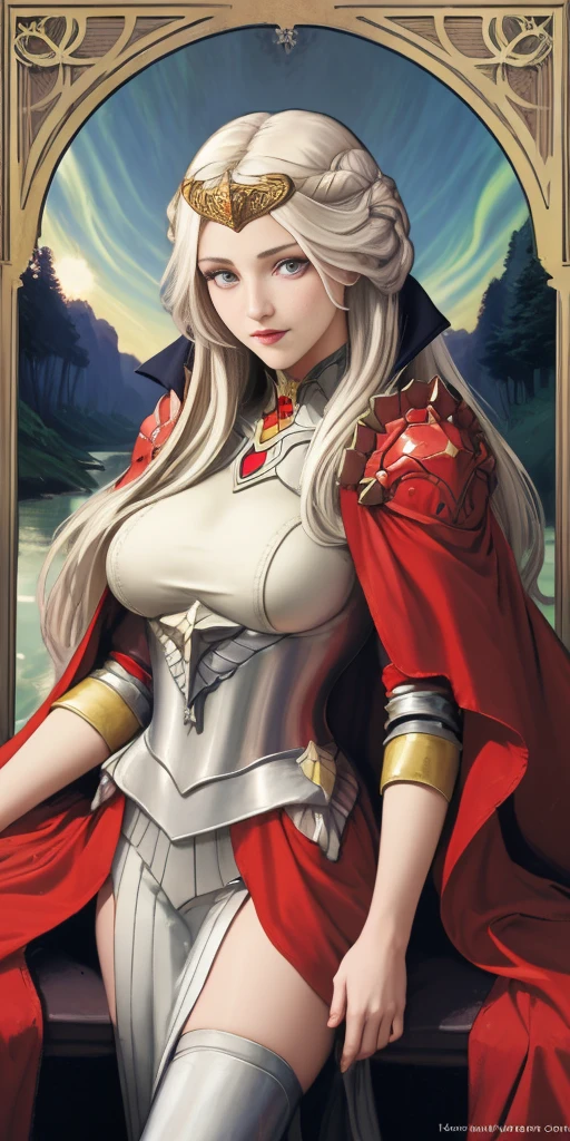 (masterpiece, best quality) 1girlsolo (the empress:1.15) platinum blonde, long hair (red cape) curtain, armored dress, queen dress, aurora (sunshine, sky, river, forest) expressionless, red eyes, very long hair (art nouveau:1.2) alphonse mucha, tiara (face focus, upper body) sit (red throne:1.12) crossing legs, highly intricate details, realistic light, smile