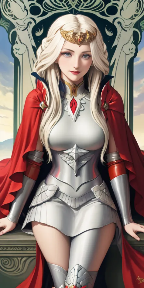 (masterpiece, best quality) 1girlsolo (the empress:1.15) platinum blonde, long hair (red cape) curtain, armored dress, queen dre...