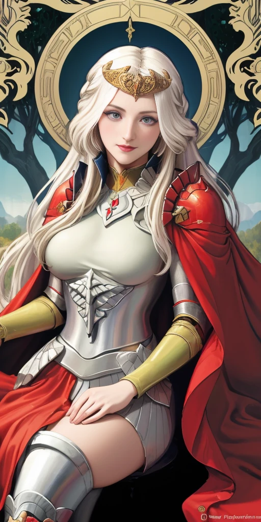 (masterpiece, best quality) 1girlsolo (the empress:1.15) platinum blonde, long hair (red cape) curtain, armored dress, queen dress, aurora (sunshine, sky, river, forest) expressionless, red eyes, very long hair (art nouveau:1.2) alphonse mucha, tiara (face focus, upper body) sit (red throne:1.12) crossing legs, highly intricate details, realistic light, smile