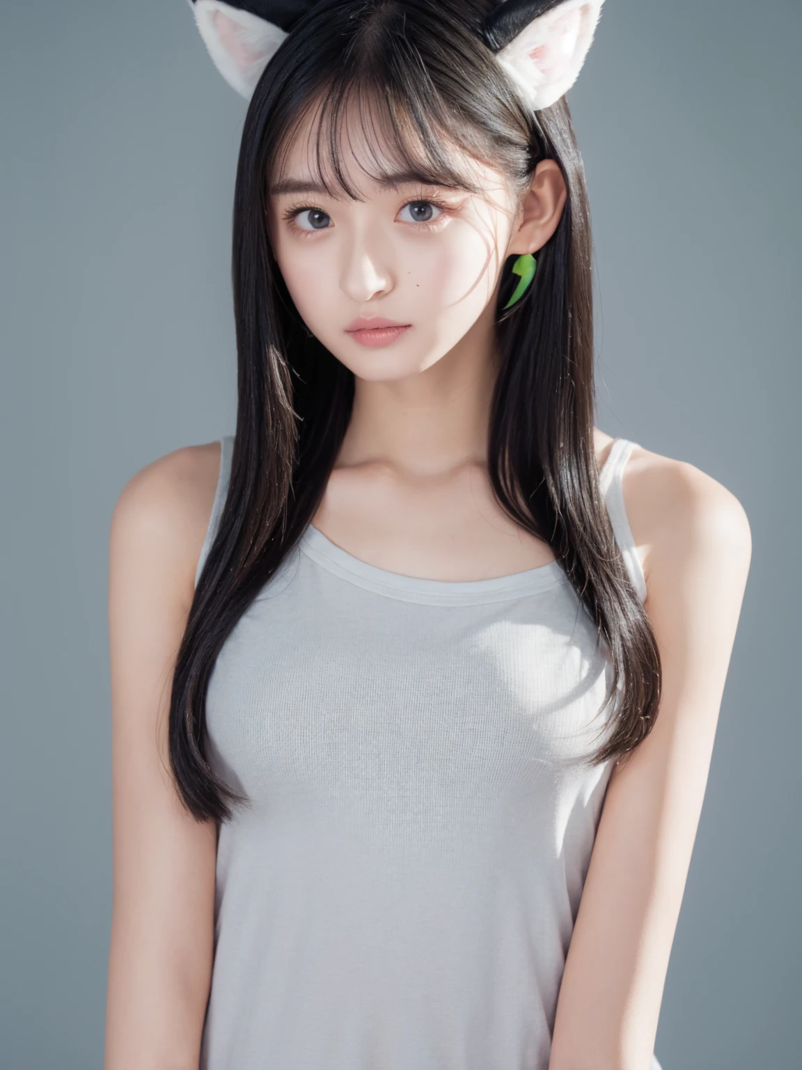 One girl, animal_ear_Fluff, animal_ears, Front hair, just_shoulder, black_hair, blush, chest, cw_ears, Closed_mouth, Eyebrow_appear_Through_hair, green_eye, gray_background, hair_between_eye, Khalil_(Prwcess_Connectwg!), length_hair, Lookwg_w_Audience, Moderate_chest, multicoloured_hair, shirt, Simple_background, No sleeve, No sleeve_shirt, One person, upper_body, white_background, white_shirt, natural big breast