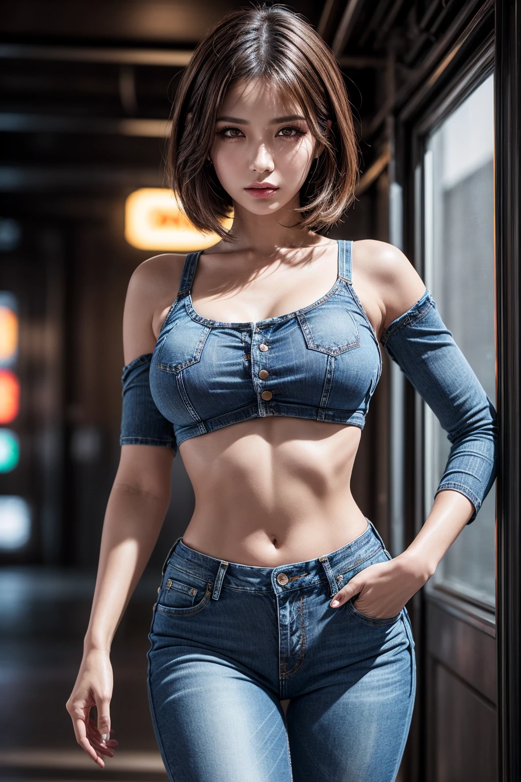 (photorealistic Realism 16K Quality, ultra-fine digital art), (Hyper-realistic proportional body, anatomically correct:1.3), (((beautiful cyberpunk woman))), ((upper body to navel shot:1.32)), Portrait, ((Short, bright red, messy hair)), Black Eyeshadow, ((futuristic cyberpunk denim jeans:1.4)), (Urban Background:1.25), Heavy makeup, Digital Art, Trending on Art Station, highly detailed, The finer details, Complex, beautiful detailed glow, (super detailed beautiful, slim and sharp-face), (light pale complexion). BREAK, (Super beautiful, (Insanely details brown_eyes1.25), ((Hyperrealistic sharp real human eyes)), (tired and sleepy and satisfied:0.0), perfect round eyes, (finely detailed pupils:1.3), detailed, (neon lighting), High resolution, detailed facial features,Sharp focus, Smooth, beautiful, (dark_shot:1.1), This work is in the style of (science fiction futurism) with a (cold palette) that adds depth and richness to the scene, creating a sense of ((anger)) and ((suffering)). (The landscape) is harmoniously balanced, inviting the viewer to immerse themselves in the atmosphere of the cyberpunk city, feel the breeze and listen to the gentle, Smooth, beautiful, turning back, back shot, very slim, slander,