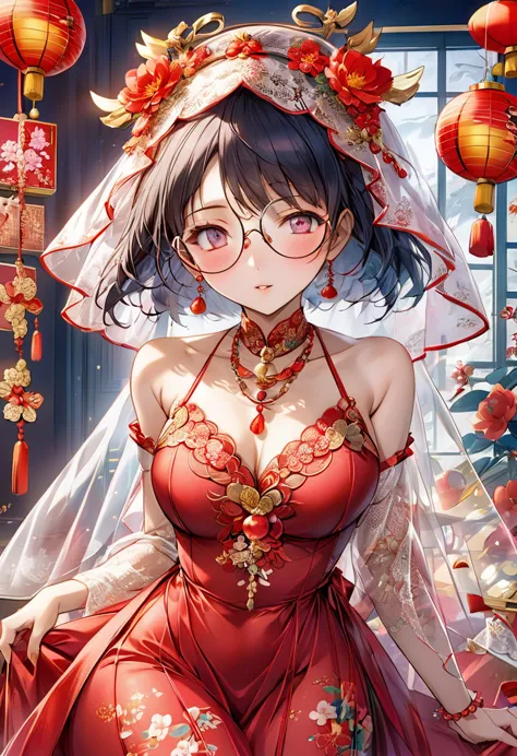 （（（eyes are very fragile）））（（（hair accessories）））（（（veil）））,necklace,misako wears a red transparent sexy silk dress, ((radiant s...