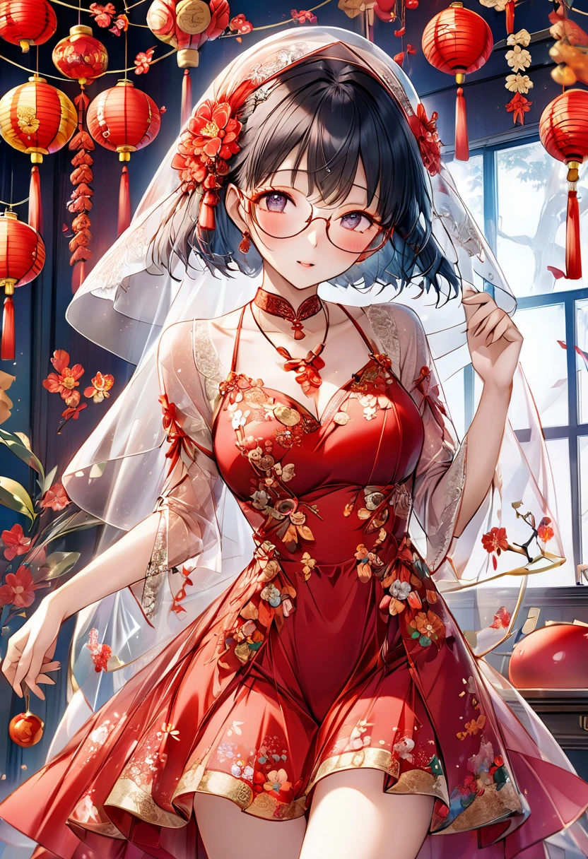 （（（Eyes are very fragile）））（（（Hair accessories）））（（（veil）））,necklace,Misako wears a red transparent sexy silk dress, ((Radiant skin))The room is filled with Lunar New Year decorations（（（masterpiece）））, （（best quality））, （（Intricate details））, （（Surreal））（8K）Glasses