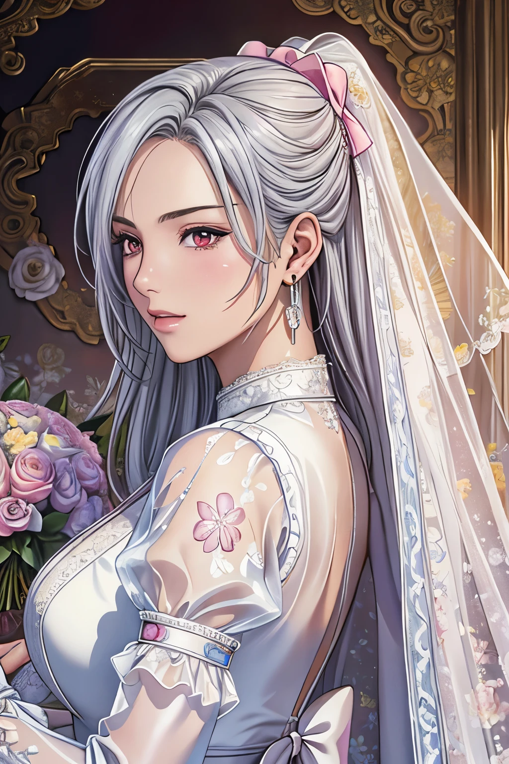 (​masterpiece, top-quality, top-quality, Official art, Beautifully Aesthetic:1.2), red eyes, (highest quality, masterpiece painting:1.3), immature woman, 16 years old, (half body shot), masterpiece, ultra high resolution, (((bridal veil, lace-trimmed dress, see-through, wedding dress, outdoors, white roses, (long sleeves:1.2), pink bow,))), Decorative panel, abstract art, (shot from a side angle), (Photoreal:1.0), ((light silver hair)),straight hair, beautiful shining hair, white and shining skin, Painterly, sketch, Texture, 超A high resolution, solo, Beautuful Women, A highly detailed, (Fractal Art:1.1), (colourfull:1.1), (florals:1.6), The most detailed, (Zentangle:1.2), (Dynamic Poses), (Abstract background:1.3), (shinny skin), (Many colors:0.8), (earrings:1.4), (pluma:0.9), Taisho romance,